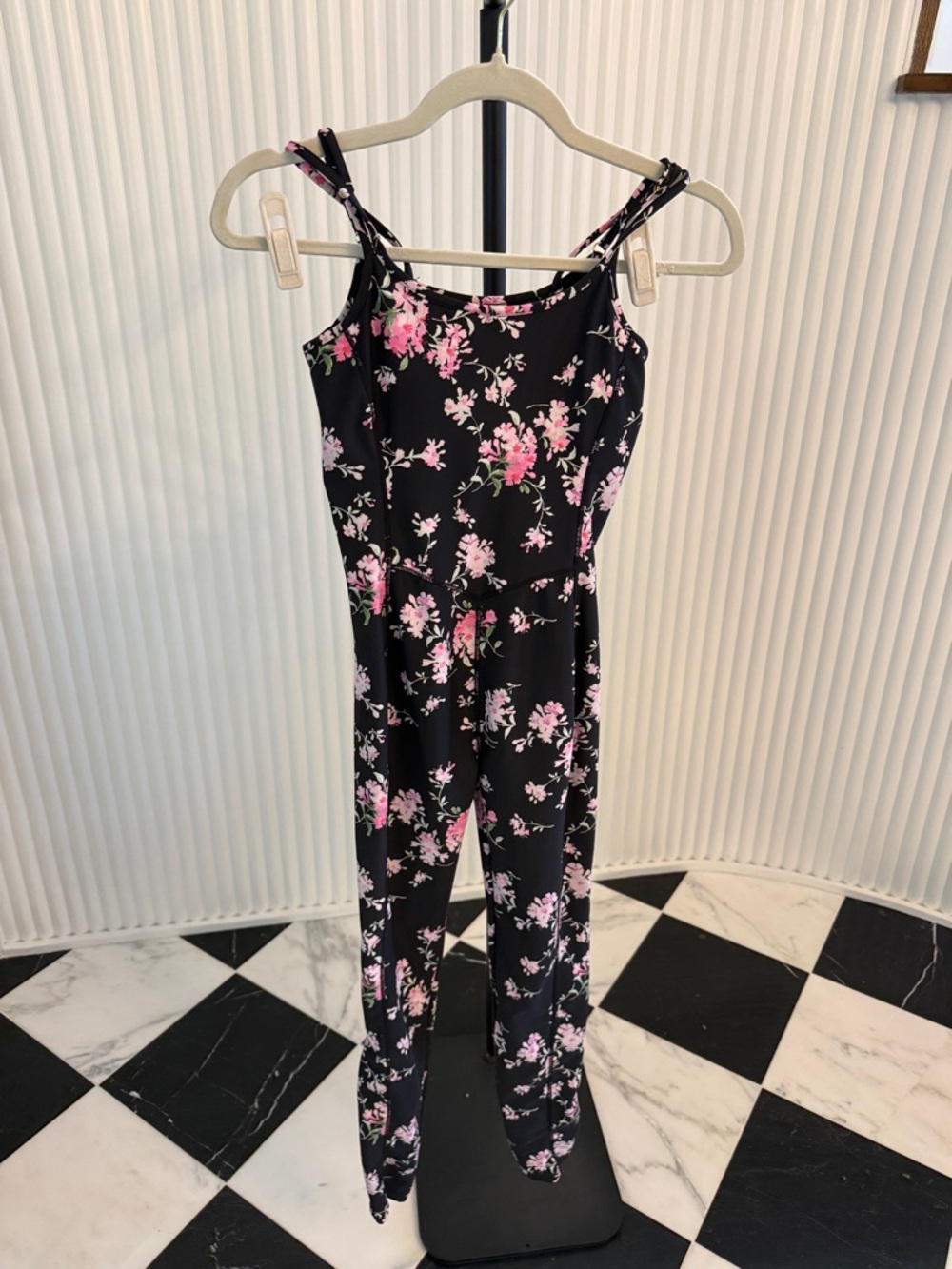LoveShackFancy Black Jumpsuit with Pink Floral Print